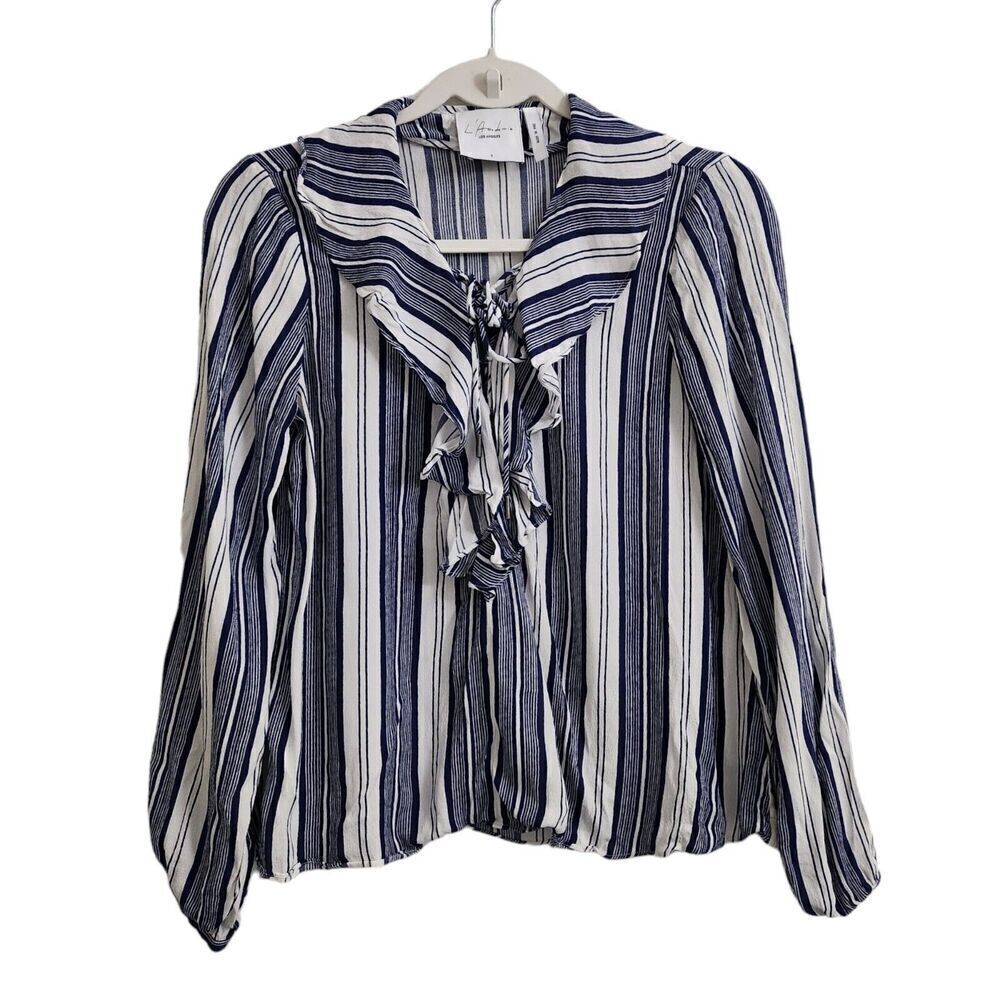 LβAcademie Revolve Blouse Smallβ Blue & White Striped Top Ruffled Tie Neck
